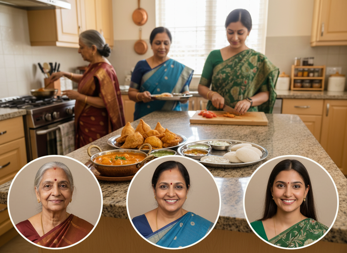 Three generations of Indian women cooking together